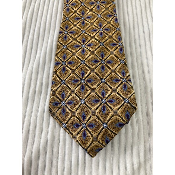 Jos. A. Bank Signature Gold Silk Tie Blue Gold Diamond Pattern Preppy - Picture 2 of 7